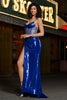 Załaduj obraz do przeglądarki galerii, Syrena Błyszcząca Cekinowa Plisowana Królewski Niebieski Gorset Sukienka Na Studniówkę Z Rozcięciem
