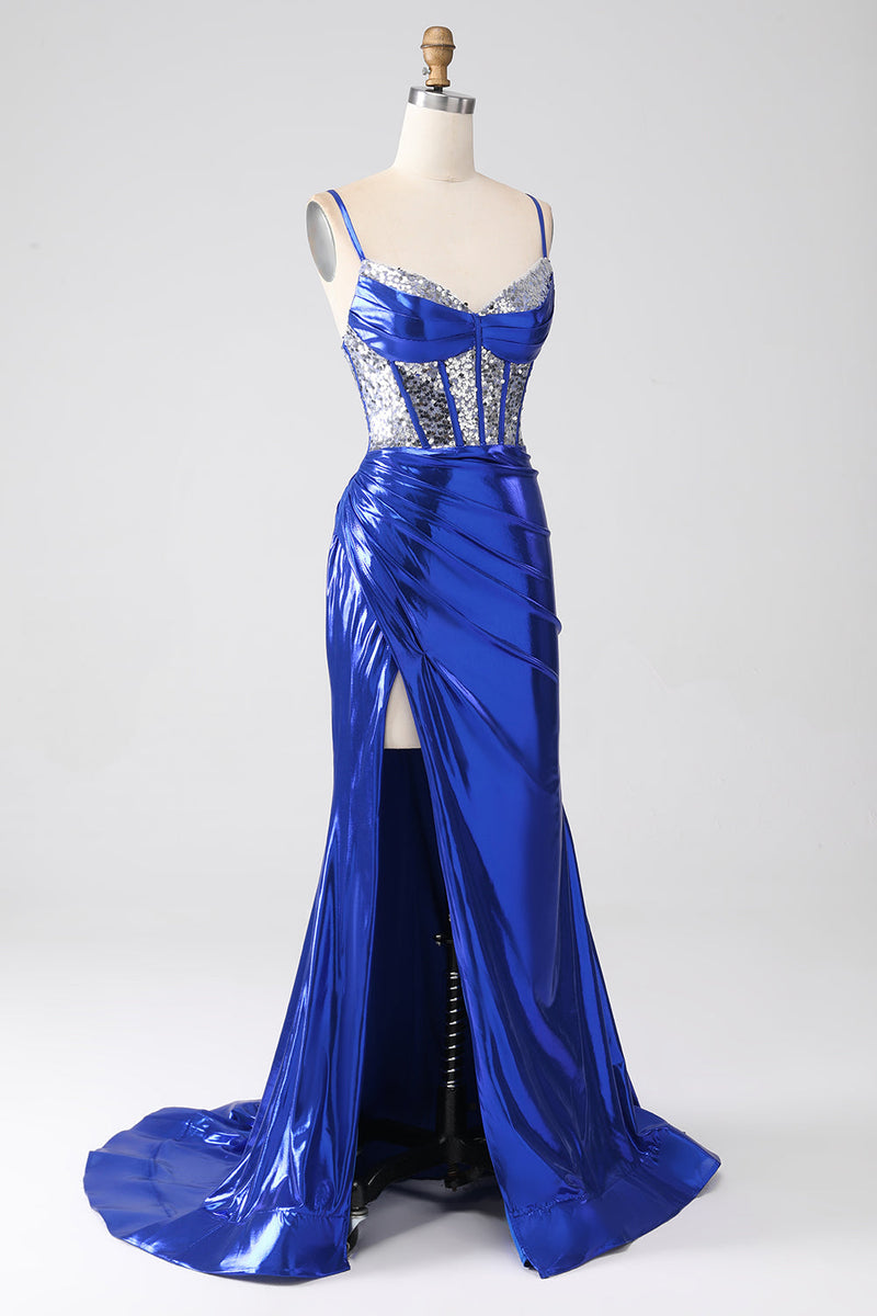 Załaduj obraz do przeglądarki galerii, Royal Blue Mermaid Błyszcząca Cekinowa Plisowana Gorset Sukienka Na Studniówkę Z Rozcięciem