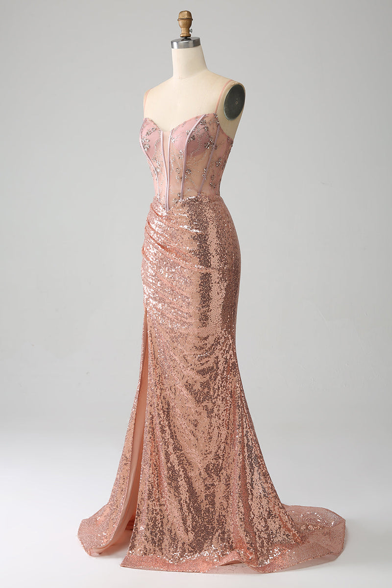Załaduj obraz do przeglądarki galerii, Różowe Złota Gorsetowa Sukienka Syrenka Na Studniówkę Z Rozcięciem Z Cekinami