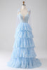 Załaduj obraz do przeglądarki galerii, Jasnoniebieskie Cekinowa Sukienka Na Studniówkę Z Aplikacjami Z Falbanami