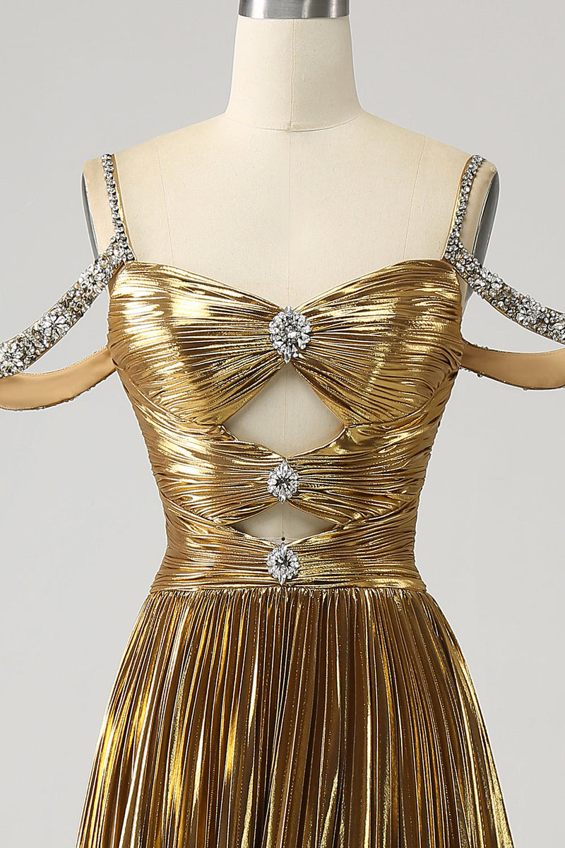 Załaduj obraz do przeglądarki galerii, Oszałamiająca Złota Długa Sukienka Na Studniówkę Z Odkrytymi Ramionami