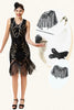 Załaduj obraz do przeglądarki galerii, Czarne Cekiny Sukienka Wielki Gatsby z Frędzlami z Zestawem Akcesoria Lata 20