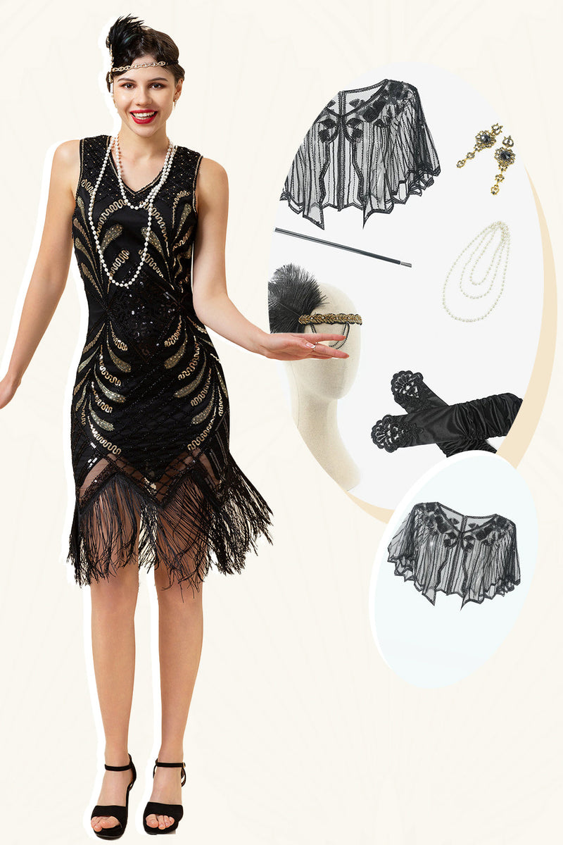 Załaduj obraz do przeglądarki galerii, Czarne Cekiny Sukienka Wielki Gatsby z Frędzlami z Zestawem Akcesoria Lata 20