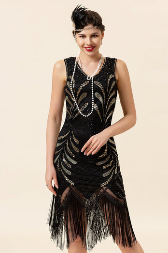 Czarne Cekiny Sukienka Wielki Gatsby z Frędzlami z Zestawem Akcesoria Lata 20