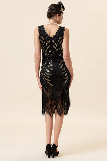 Czarne Cekiny Sukienka Wielki Gatsby z Frędzlami z Zestawem Akcesoria Lata 20