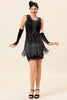 Załaduj obraz do przeglądarki galerii, Czarne Cekiny Sukienka Retro Lata 20 z Frędzlami z Zestawem Akcesoria Lata 20