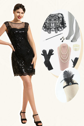 Czarna Cekinowa Długa Sukienka Wielki Gatsby z Zestawem Akcesoria Lata 20