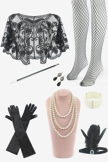Czarna Cekinowa Długa Sukienka Wielki Gatsby z Zestawem Akcesoria Lata 20