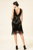 Załaduj obraz do przeglądarki galerii, Czarne Cekinowe Sukienka z Frędzlami Lata 20 z Zestawem Akcesoria Lata 20