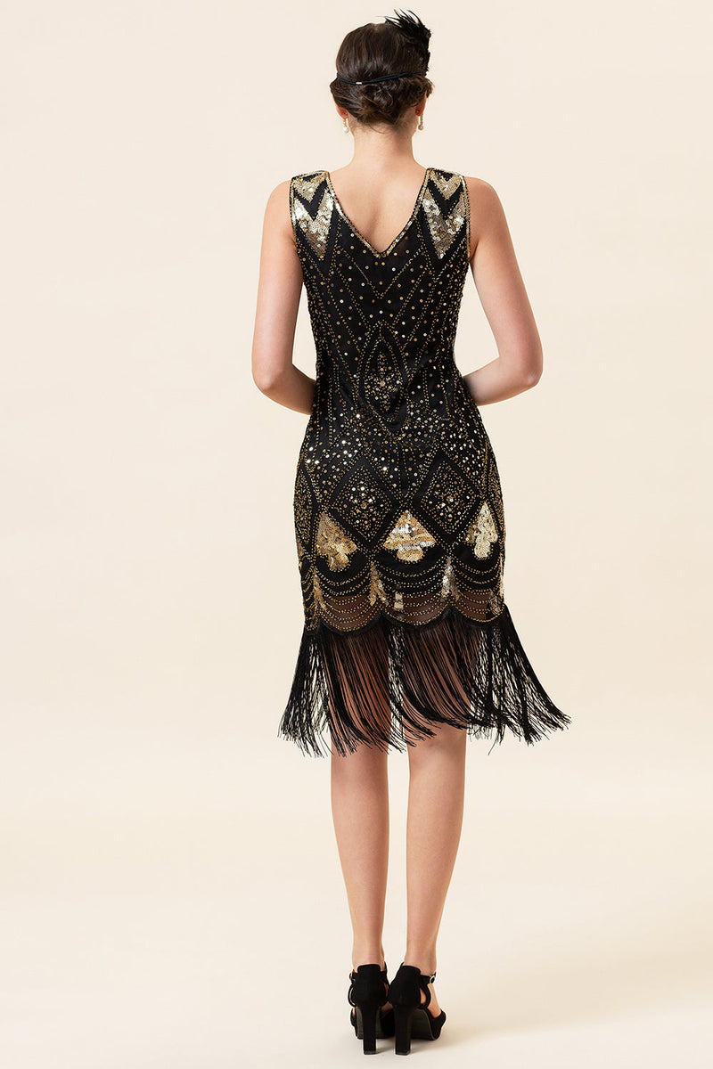 Załaduj obraz do przeglądarki galerii, Czarne I Złote Cekiny Sukienka Wielki Gatsby Sukienka Z Zestawem Akcesoriów 20s