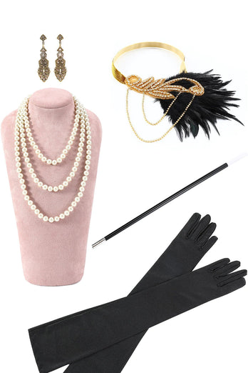 Czarne I Złote Cekiny Sukienka Wielki Gatsby Sukienka Z Zestawem Akcesoriów 20s