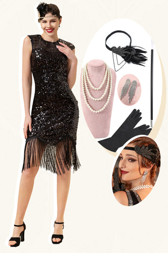 Czarne Cekinowe Sukienka Wielki Gatsby z Frędzlami z Zestawem Akcesoria Lata 20