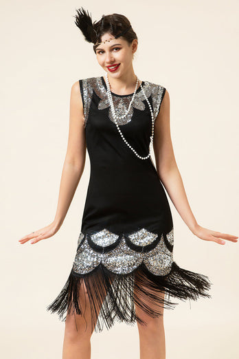 Czarno-srebrne Cekinowe Sukienka z Frędzlami Lata 20 z Zestawem Akcesoria Lata 20
