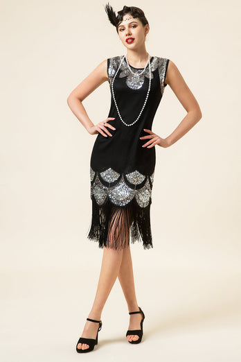 Czarno-srebrne Cekinowe Sukienka z Frędzlami Lata 20 z Zestawem Akcesoria Lata 20