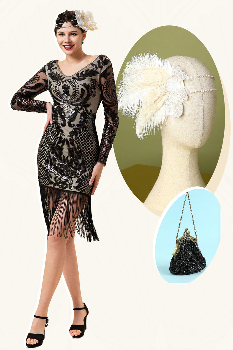 Załaduj obraz do przeglądarki galerii, Czarne Długie Rękawy Cekinowe Sukienka Wielki Gatsby z Zestawem Akcesoria Lata 20
