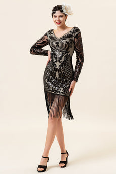 Czarne Długie Rękawy Cekinowe Sukienka Wielki Gatsby z Zestawem Akcesoria Lata 20