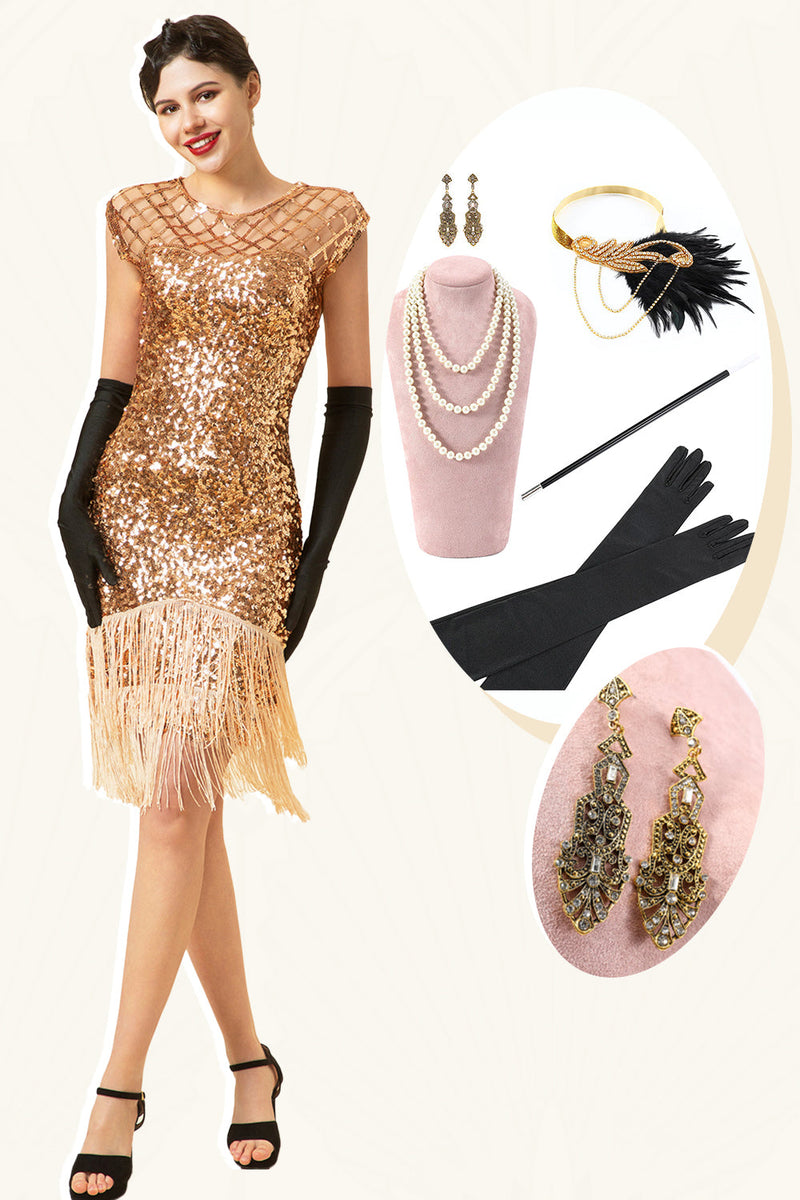 Załaduj obraz do przeglądarki galerii, Różowe Cekinowe Sukienka Wielki Gatsby z Frędzlami z Zestawem Akcesoria Lata 20