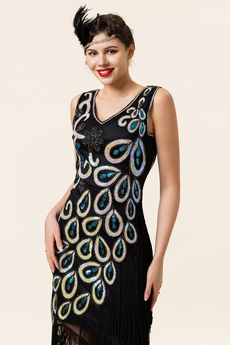 Załaduj obraz do przeglądarki galerii, Czarno-niebieskie Cekinowe Sukienka z Frędzlami Lata 20 z Zestawem Akcesoria Lata 20