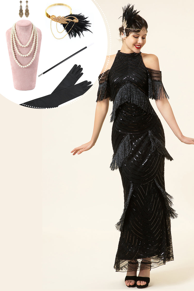 Załaduj obraz do przeglądarki galerii, Czarne Cekinowe Długa Sukienka Lata 20 z Zestawem Akcesoria Lata 20