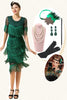 Załaduj obraz do przeglądarki galerii, Ciemnozielone Krótkie Rękawy Cekinowe Sukienka z Frędzlami Lata 20 z Zestawem Akcesoria Lata 20
