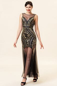 Czarno-złoty Cekiny Długa Sukienka Lata 20 z Zestawem Akcesoria Lata 20