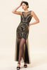 Załaduj obraz do przeglądarki galerii, Czarno-złoty Cekiny Długa Sukienka Lata 20 z Zestawem Akcesoria Lata 20