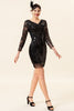 Załaduj obraz do przeglądarki galerii, Czarne Cekinowe Długie Sukienka Lata 20 z Zestawem Akcesoria Lata 20