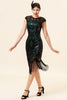 Załaduj obraz do przeglądarki galerii, Czarno-zielone Brokatowa Sukienka Wielki Gatsby z Frędzlami z Zestawem Akcesoria Lata 20