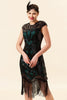 Załaduj obraz do przeglądarki galerii, Czarno-zielone Brokatowa Sukienka Wielki Gatsby z Frędzlami z Zestawem Akcesoria Lata 20