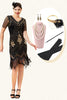 Załaduj obraz do przeglądarki galerii, Czarno-złote Krótkie Rękawy Cekinowe Sukienka Lata 20 z Zestawem Akcesoria Lata 20