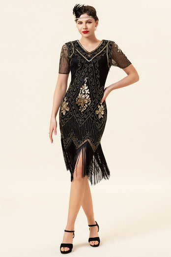 Czarno-złote Krótkie Rękawy Cekinowe Sukienka Lata 20 z Zestawem Akcesoria Lata 20