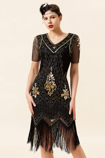 Czarno-złote Krótkie Rękawy Cekinowe Sukienka Lata 20 z Zestawem Akcesoria Lata 20