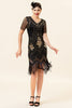 Załaduj obraz do przeglądarki galerii, Czarno-złote Krótkie Rękawy Cekinowe Sukienka Lata 20 z Zestawem Akcesoria Lata 20