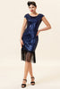 Załaduj obraz do przeglądarki galerii, Niebieska Długa Sukienka z Frędzlami Lata 20 z Zestawem Akcesoria Lata 20