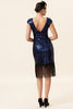 Załaduj obraz do przeglądarki galerii, Niebieska Długa Sukienka z Frędzlami Lata 20 z Zestawem Akcesoria Lata 20