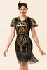 Załaduj obraz do przeglądarki galerii, Czarna Złota Sukienka z Frędzlami Lata 20 z Zestawem Akcesoria Lata 20