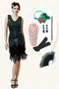 Załaduj obraz do przeglądarki galerii, Zielona Sukienka Wielki Gatsby z Frędzlami z Zestawem Akcesoria Lata 20