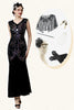 Załaduj obraz do przeglądarki galerii, Czarne Cekiny Długa Sukienka Lata 20 Z Zestawem Akcesoria Lata 20