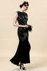 Załaduj obraz do przeglądarki galerii, Czarne Cekiny Długa Sukienka Lata 20 Z Zestawem Akcesoria Lata 20