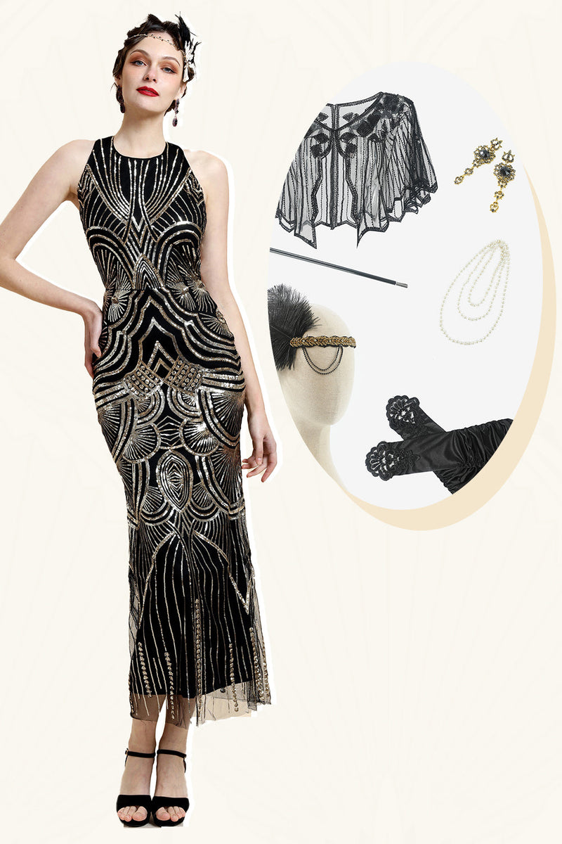 Załaduj obraz do przeglądarki galerii, Czarna Złota Sukienka Lata 20 z Odkrytymi Plecami z Zestawem Akcesoria Lata 20