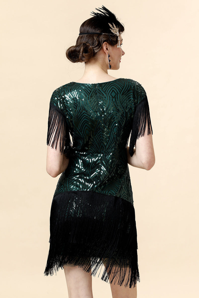 Załaduj obraz do przeglądarki galerii, Zielone Sukienka Wielki Gatsby z Frędzlami z Zestawem Akcesoria Lata 20