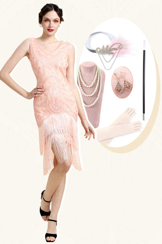 Różowa Cekiny Długa Sukienka Lata 20 z Zestawem Akcesoria Lata 20
