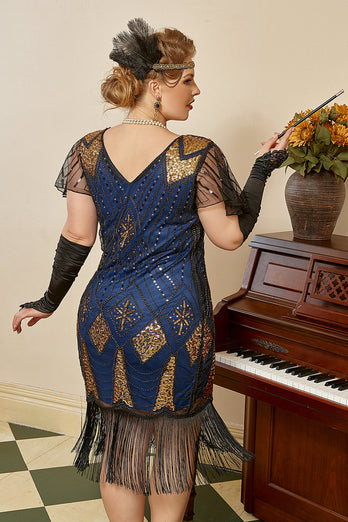 Plus Size Królewska Niebieska Sukienka Wielki Gatsby z Frędzlami z Zestawem Akcesoria Lata 20