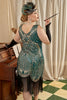 Załaduj obraz do przeglądarki galerii, Plus Size Złoto-zielona Cekinowa Sukienka W Stylu Lat 20 z Frędzlami z Zestawem Akcesoria Lata 20