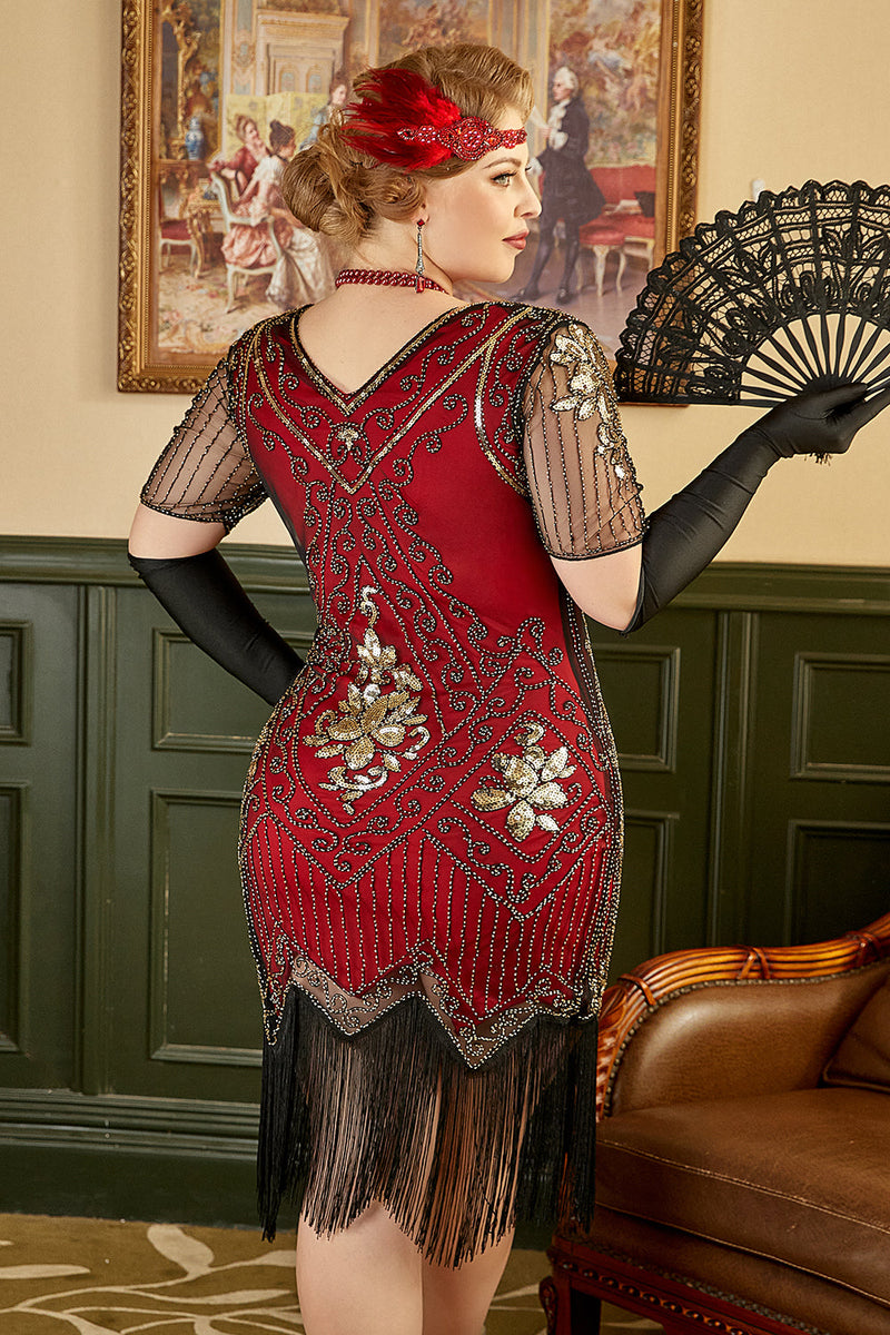 Załaduj obraz do przeglądarki galerii, Czerwona Plus Size Sukienka Wielki Gatsby z Frędzlami z Zestawem Akcesoria Lata 20