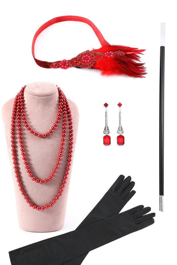Czerwona Plus Size Sukienka Wielki Gatsby z Frędzlami z Zestawem Akcesoria Lata 20