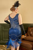 Załaduj obraz do przeglądarki galerii, Plus Size Królewska Niebieska Cekinowa Sukienka Wielki Gatsby z Frędzlami z Zestawem Akcesoria Lata 20