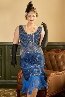 Plus Size Królewska Niebieska Cekinowa Sukienka Wielki Gatsby z Frędzlami z Zestawem Akcesoria Lata 20