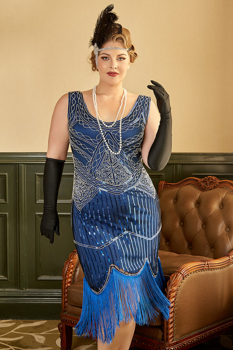 Załaduj obraz do przeglądarki galerii, Plus Size Królewska Niebieska Cekinowa Sukienka Wielki Gatsby z Frędzlami z Zestawem Akcesoria Lata 20