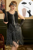 Załaduj obraz do przeglądarki galerii, Czarne Czarna Sukienka Z Frędzlami Lata 20 z Zestawem Akcesoria Lata 20